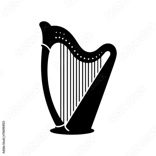Black Vector Silhouette of a Harp, Emanating Heavenly Harmonies and Ethereal Beauty- Harp Illustration- Harp vector stock