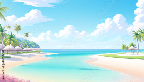 Paradise Beach Island scene anime with blue sky and cloud, © saritwat