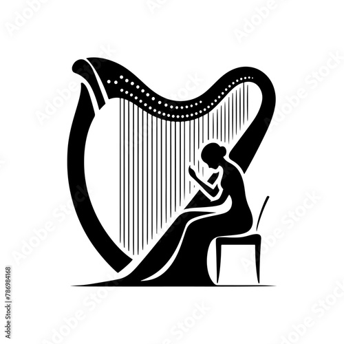 Black Vector Silhouette of a Harp, Emanating Heavenly Harmonies and Ethereal Beauty- Harp Illustration- Harp vector stock