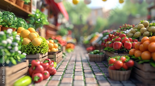 3D cartoon local market promoting organic produce, vibrant market stalls background