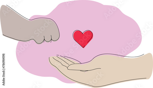 Dog paw and human hand with heart. Dog adoption logo template in pink background