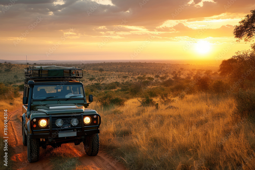 Fototapeta premium Jeep Driving Down Dirt Road at Sunset. Generative AI