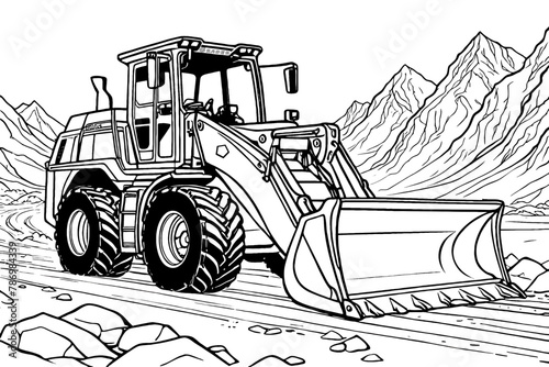 black and white outline art colouring book page cartoon glacier grader vehicle with Blade black line art isolated on white background.eps