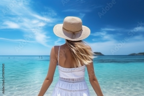 Woman in White Bikini on Beach. Generative AI