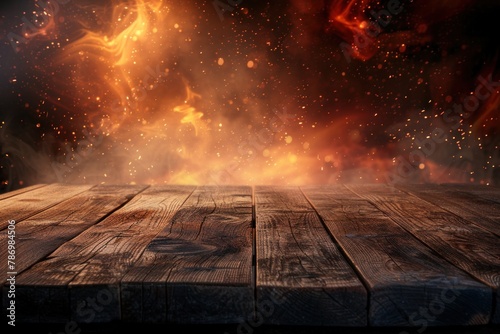 Wooden table engulfed in flames and smoke. Generative AI photo
