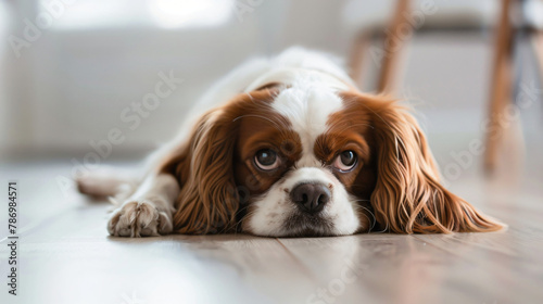 Cavalier king charles spaniel dog laying on the floor photo