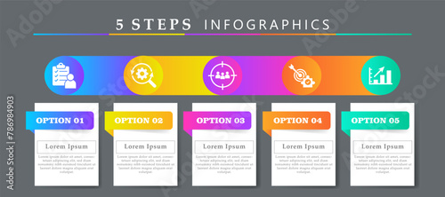 Steps infographics template with 5  options and icons of survey, research, target audience, solutions and growth . For process diagram, presentations, workflow layout, banner, flow chart. 