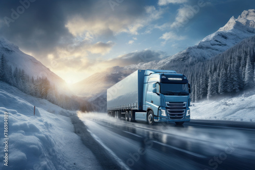 Semi Truck Driving Down Snowy Road. Generative AI