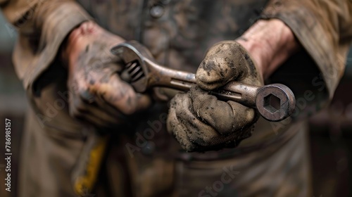 A close-up of a worker's hands holding a wrench