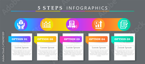 Steps infographics template with 5 options and icons of product, analysis, online advertising, increase sales and results. For process diagram, presentations, workflow layout, banner, flow chart