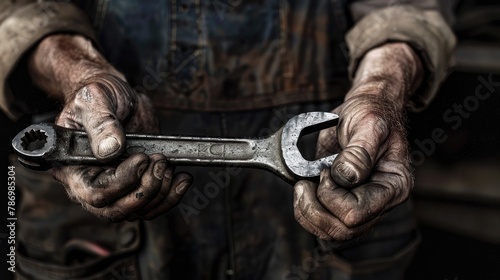 A close-up of a worker's hands holding a wrench