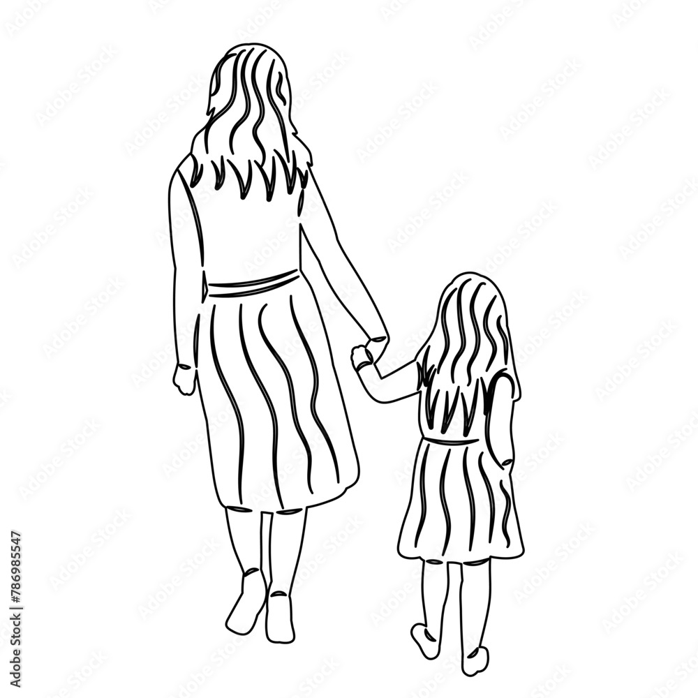 mother and daughter walking view from the back, sketch on a white background vector mother and daughter walking view from the back, sketch on a white background vector