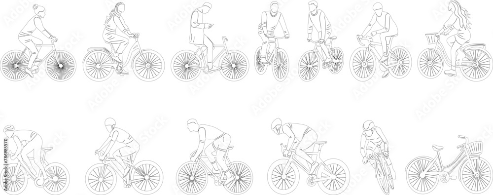 people on bicycle set, sketch on white background vector
