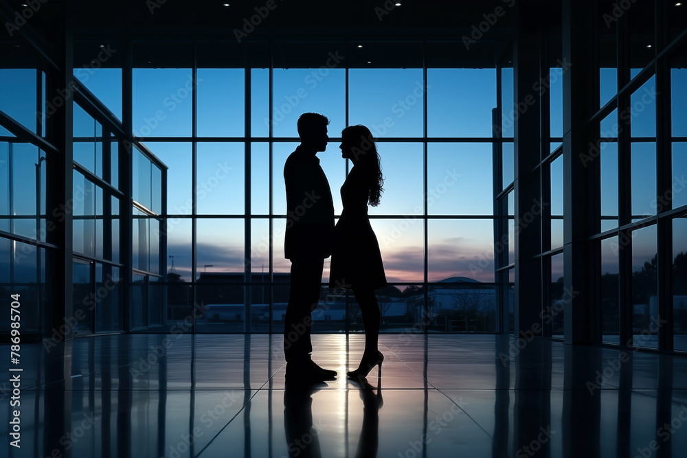 Silhouette of a loving couple standing in an office at sunset