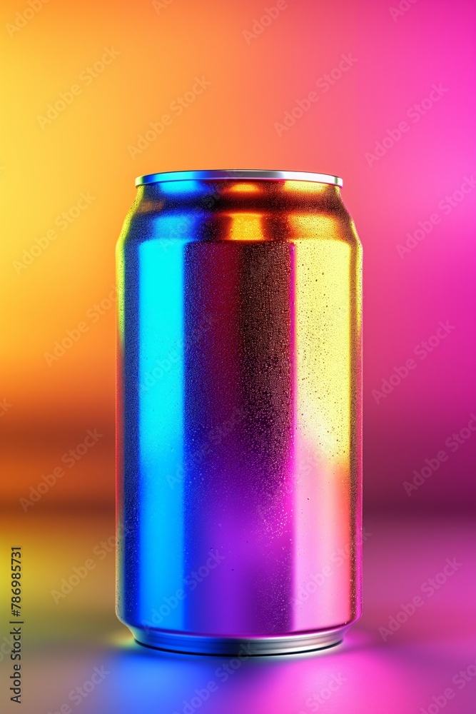 Colorful neon-lit can on a reflective surface with pink and blue lights Colorful neon-lit can on a reflective surface with pink and blue lights