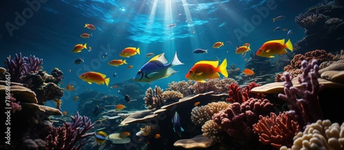 Collection of colorful fish on a large barrier reef photo