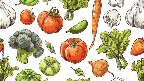 Hand drawn colored vegetables. Graphic vector seamless