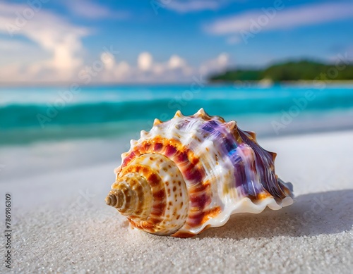 A beautiful shell on a pale beach. Blurred turquoise sea at the background.