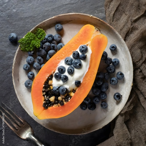 Zenith view of a half papaya filled with yogurth and blackberries.  photo