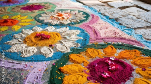 colorful rangoli patterns created on the floor using colored powders or flower petals © nurasiyah