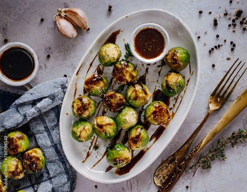 Zenith view of an oval platter with a few brussels sprouts with balsamic vinegar sauce. Garlic, sauces and cutlery at the side.