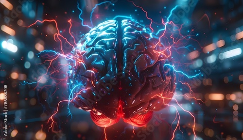 Realistic brain with electric blue and red energy flowing through it.