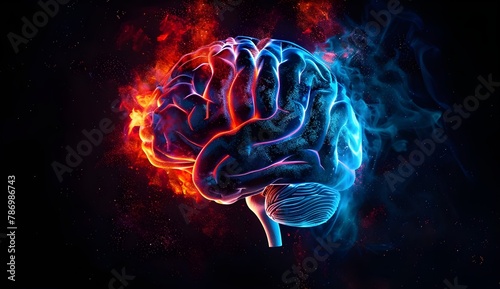 Realistic brain with electric blue and red energy flowing through it.