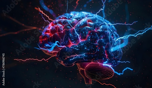 Realistic brain with electric blue and red energy flowing through it.
