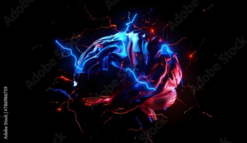 Realistic brain with electric blue and red energy flowing through it.