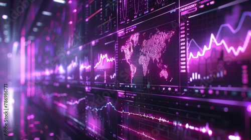 Charts and graphs depicting a recession on a futuristic interface, purple and black