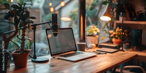 photo of podcast microphone and laptop on desk.