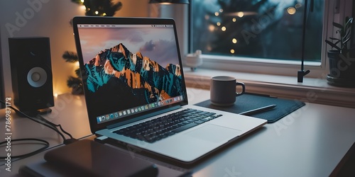 photo of podcast microphone and laptop on desk.