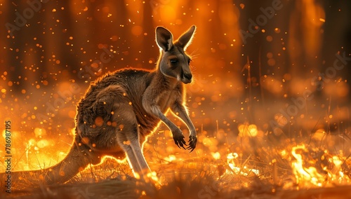 A marsupial kangaroo is bounding through a fiery field