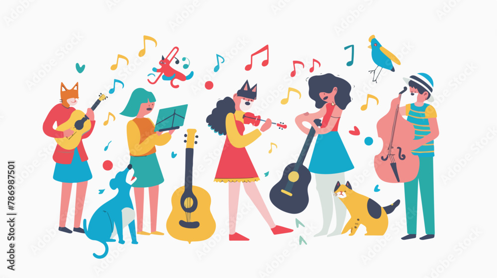 Dog and cat concert. Children and pets are singing