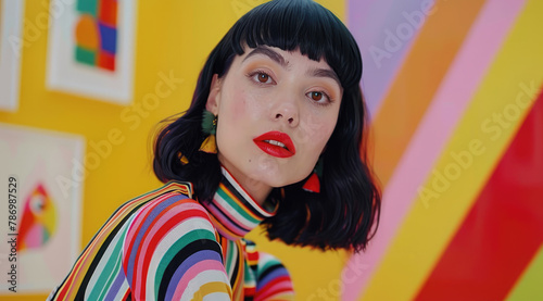 A frame from the music video shows a beautiful singer wearing colorful with black hair and bangs posing in front of bright colors and shapes