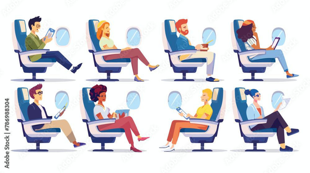 Passengers travel by plane set vector illustration