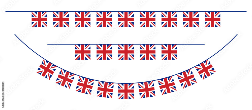 Bunting garland with square United Kingdom flag. Clipart for Trooping the Colour celebration. - obrazy, fototapety, plakaty 