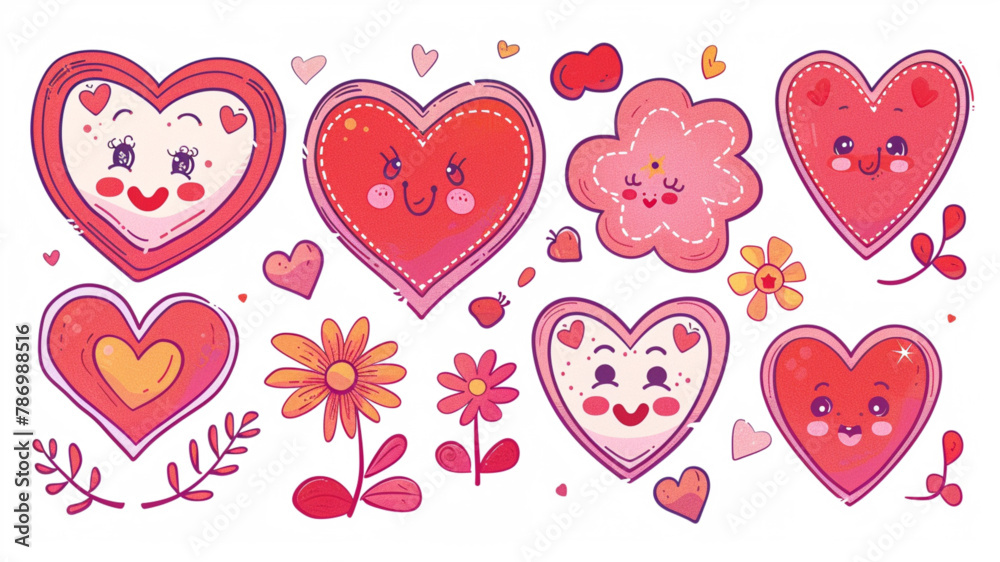 Groovy lovely hearts stickers. Love concept. Happy