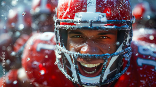 Portrait of a young american football player in helmet. Shallow depth of field photo