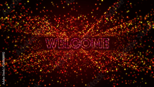 Futuristic Digital Space Dark Shiny Red Colorful Glowing Welcome Lettering Border Frame With Glitter Sparkle Dots And Lines