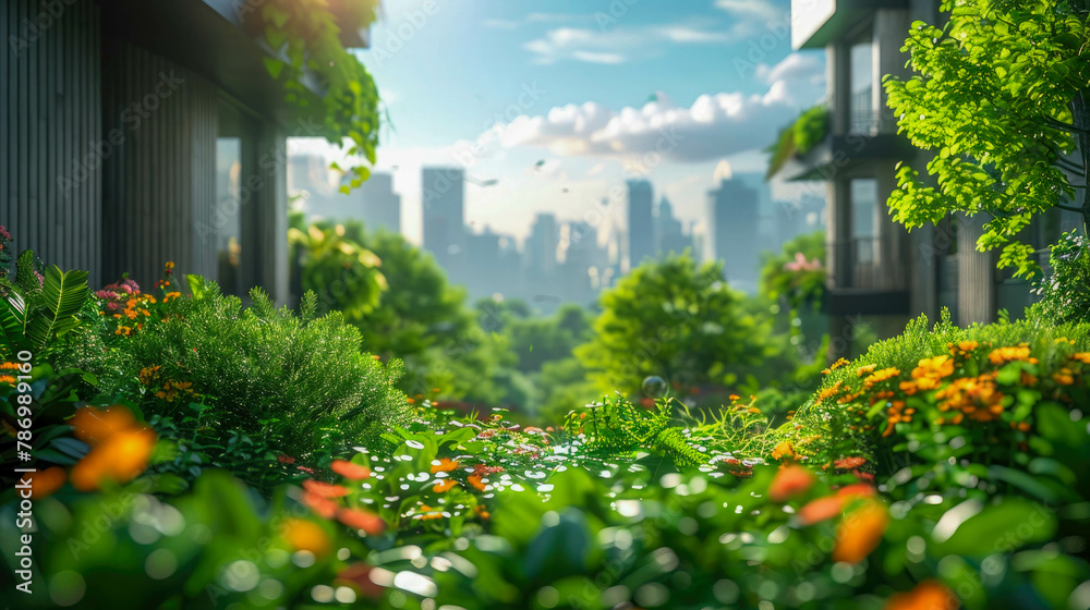 Green city, synergy of a big metropolis city with tall modern buildings skyscrapers with nature and eco-natural green plants and trees Green city, synergy of a big metropolis city with tall modern buildings skyscrapers with nature and eco-natural green plants and trees