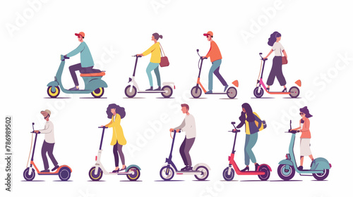 People on electric scooter set flat vector illustration