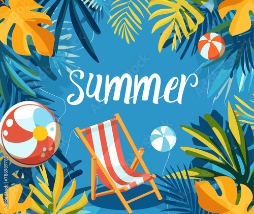 a beach scene with a chair and a beach ball