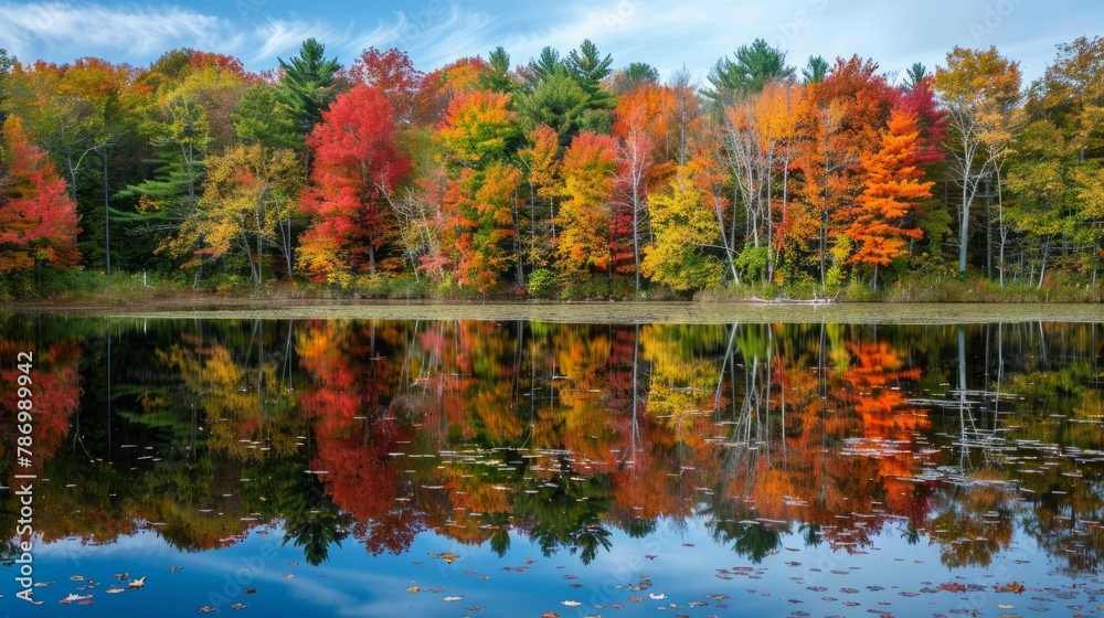 Colorful foliage tree reflections in calm pond water on a beautiful autumn day in New England Colorful foliage tree reflections in calm pond water on a beautiful autumn day in New England