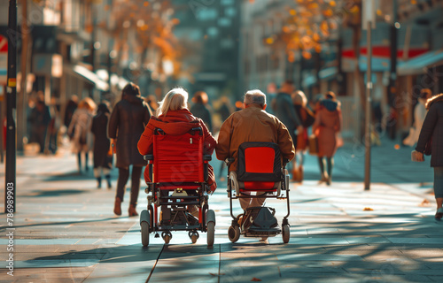 Man and woman in electric chairs on the street, with people walking around them, red colored electrical wheelchair for elderly or weathering  photo taken from behind , sunny day
