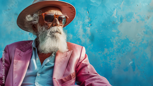 Photo of an old man with a white beard and hat, wearing sunglasses and a pink suit, posing against a blue background in with beautiful warm light.