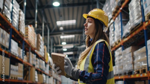 Worker in warehouse with shelves of goods, supply chain and logistics concept
