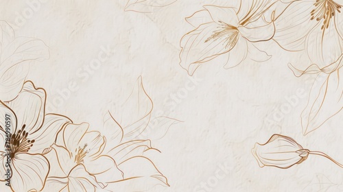 A sophisticated illustration showcasing delicate flowers sketched in a minimalist style on a richly textured off-white canvas The art exudes a serene and organic aesthetic photo