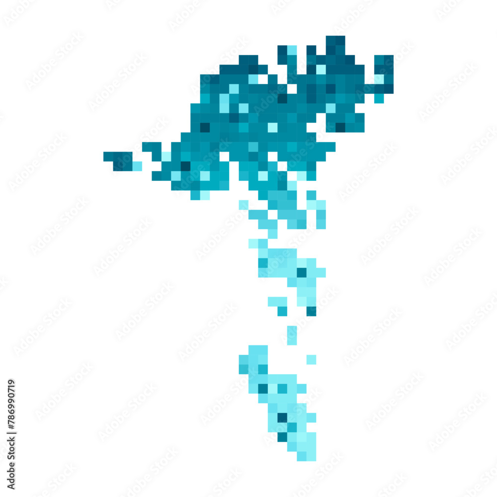 Vector isolated geometric illustration with simple icy blue shape of Faroe Islands map. Pixel art style for NFT template. Dotted logo with gradient texture for design on white background