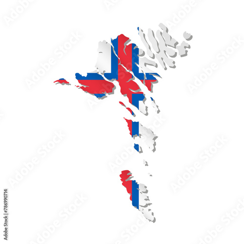 Vector isolated illustration with Faroe Islands national flag with shape of Faeroe map simplified. Volume shadow on the map. White background